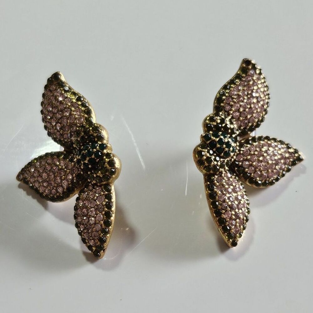 STELLA & DOT Flower Pink Green Pave Rhinestone Pierced Earrings - Picture 1 of 12